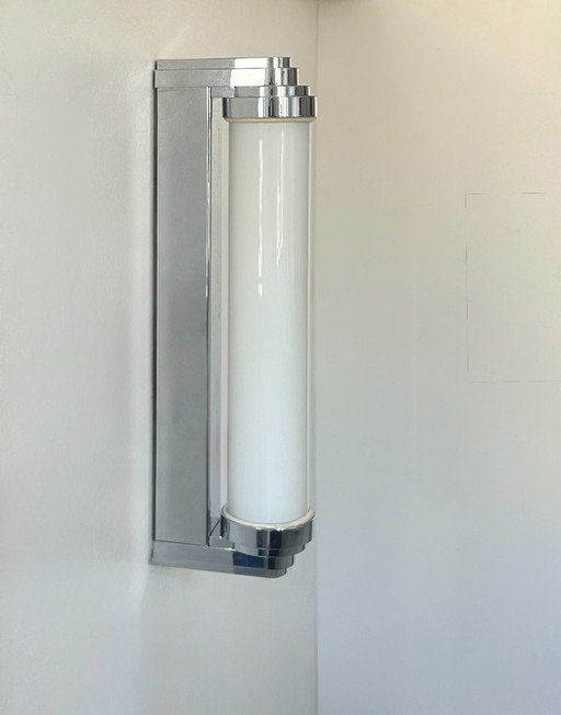 Vintage modernist chrome and opaline wall lamp, France 1980