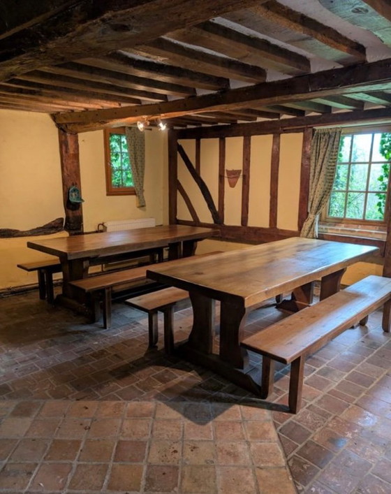 Set of 3 Solid Oak Monastery Tables with 6 Matching Benches – 220 cm – Dining tables, Wood (photo 2 of 5)