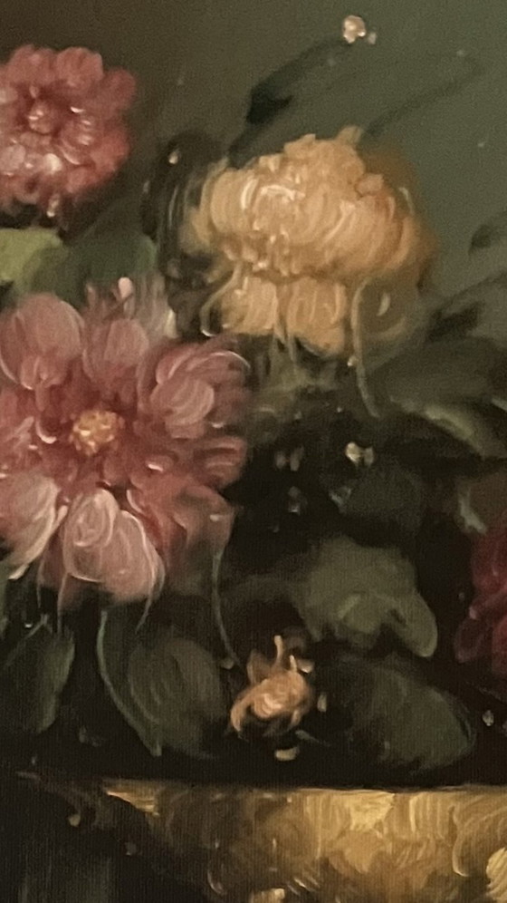 Image 1 of Groot Klassiek Stilleven R. Hunther - Gouden Vazen & Bloemen - Luxe Lijst