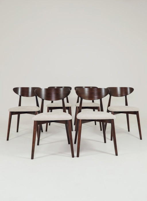 Set moderno di 6 sedie da pranzo, in tessuto ecru e legno di faggio noce scuro.