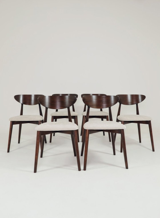 Image 1 of Set moderno di 6 sedie da pranzo, in tessuto ecru e legno di faggio noce scuro.