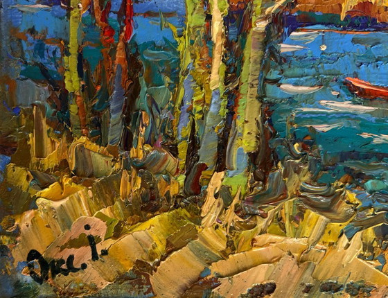 Image 1 of Original Oil Painting Autumn River Landscape Autumn river waters