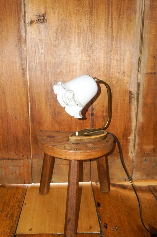 vintage ruffled milk glass lamp * flower shaped bedside light * brass curved stem * art deco revival * cute desk lamp Charming