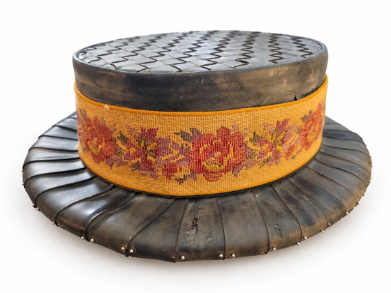 Avant-Garde Design Hat, Handmade from Upcycled Rubber, Wearable Art, Petit Point, Sculpture, Metal, Black (photo 2 of 8)