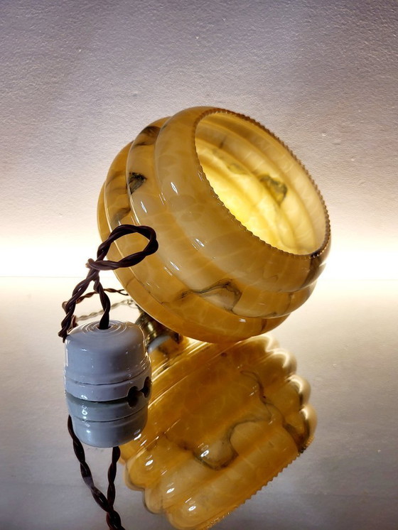 Image 1 of Art Deco Opaline Glazen Hanglamp, Gemarmerd, Messing, Jaren 1930