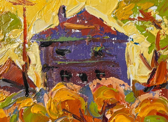 Image 1 of Original Oil Painting Sunset Village Landscape Autumn yellow sunset