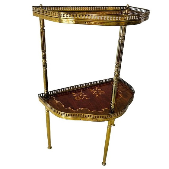 Image 1 of Vintage mid-century Italiaanse console halve maan tafel ingelegd hout messing