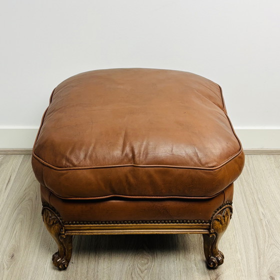 Image 1 of Vintage Queen Anne leather footstool with cabriole legs