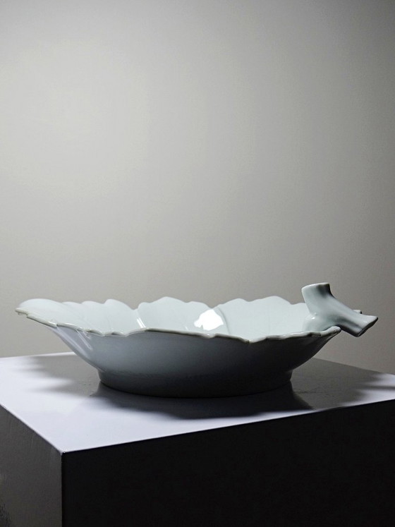 Image 1 of Large celadon porcelain vine leaf bowl by L. Michelaud, Limoges, 1930-50