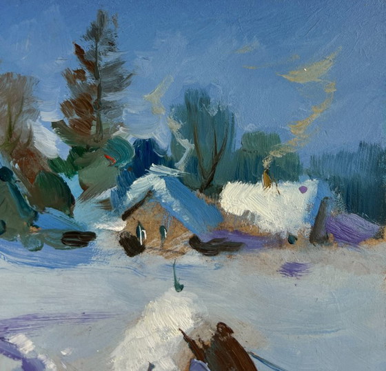 Image 1 of Original Oil Painting Winter Village Landscape Snowy path to the village