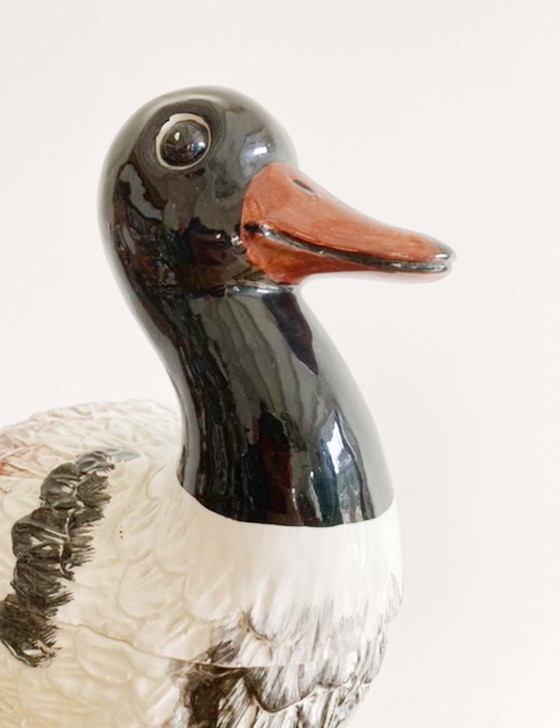 Image 1 of Aardewerk vintage schaal met deksel in eend vorm. Italiaanse retro vogel pot