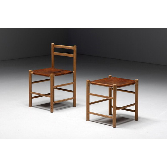 Image 1 of Ensemble de 3 chaises et tabouret vintage en cognac, France années 1950