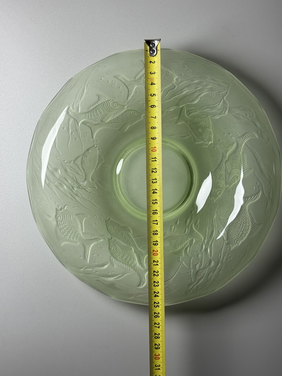Image 1 of August Walther & Söhne “Arabella” Uranium Glass Centerpiece Bowl – Art Deco Fish Decor – 1930s Germany