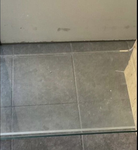 Image 1 of 70s glass and travertine coffee table