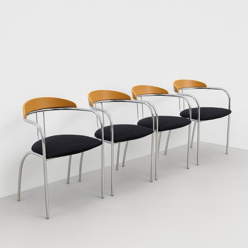 Set of 4 Chrome and Wood Chairs, Italy, 1980s