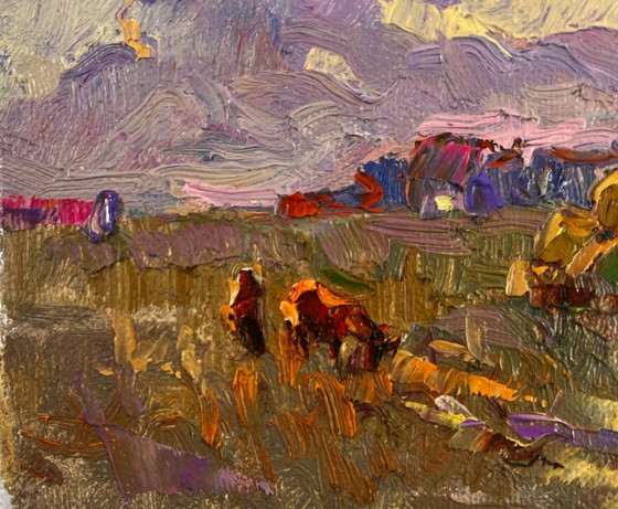 Image 1 of Original Oil Painting Evening Field Landscape Silence that envelops the world