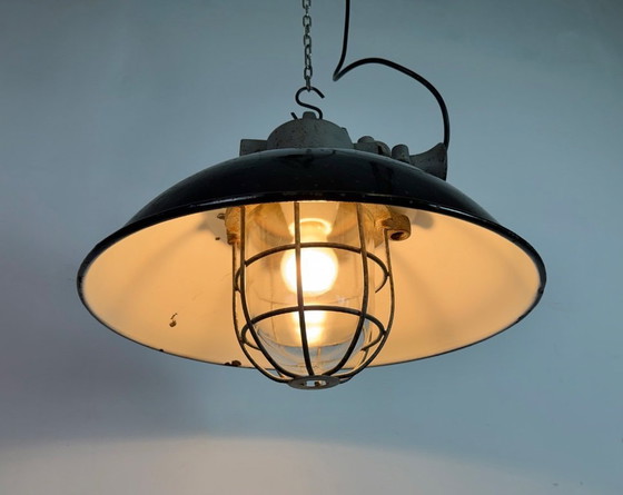 Image 1 of Black Enamel and Cast Iron Industrial Cage Pendant Light, 1960s