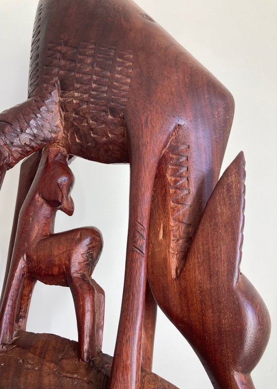 Image 1 of Groot houten vintage beeld - antilope met kalf. Retro hert / ree / gazelle