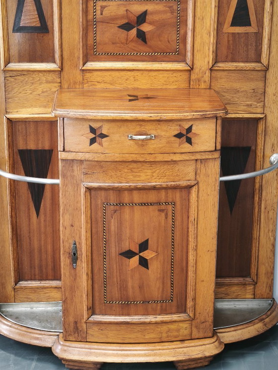 Image 1 of Porte-manteau Gründerzeit en chêne incrusté avec miroir, XIXe siècle, vers 1890