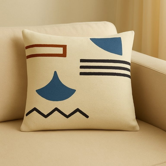 Image 1 of Fodera per cuscino in lana egiziana fatta a mano 40x40 cm – Grigio, blu e ruggine – Design geometrico – Cerniera sul retro