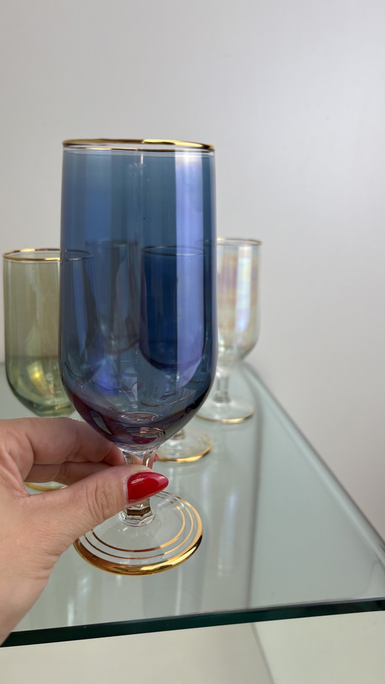 Image 1 of 8 x Vintage iridescent wine glasses or water glasses rainbow glass