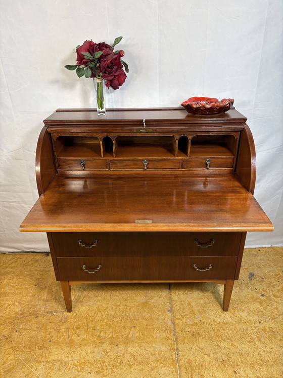 Image 1 of Mid-Century Swedish Teak (or Walnut) Roll-Top Bureau by Egon Østergaard for AB Bröderna Gustafssons 1960  Bring a timeless Scand