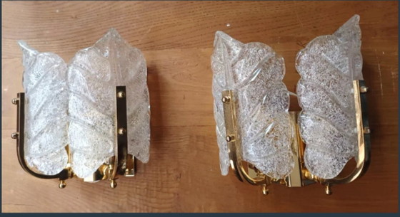 Image 1 of Zeldzaam paar "Leaves" kunstglazen wandlampen van Carl Fagerlund voor Orrefors - Zweden, jaren 1960-1970