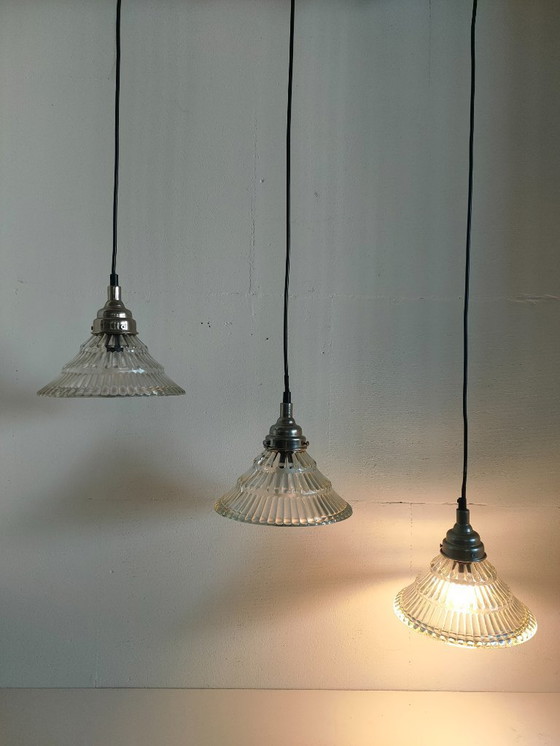 Image 1 of Set of 3 Glass Pendant Lights Holophane Style