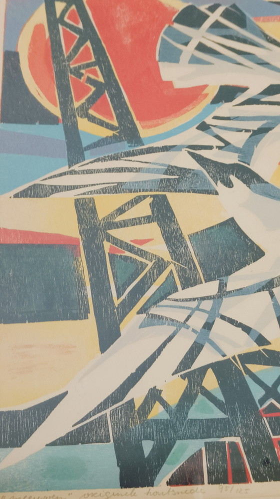 Image 1 of La société Kleurrijk Industriële Vormgeving Houtdruk Gesigneerd 1961 'Meeuwen' (en anglais)