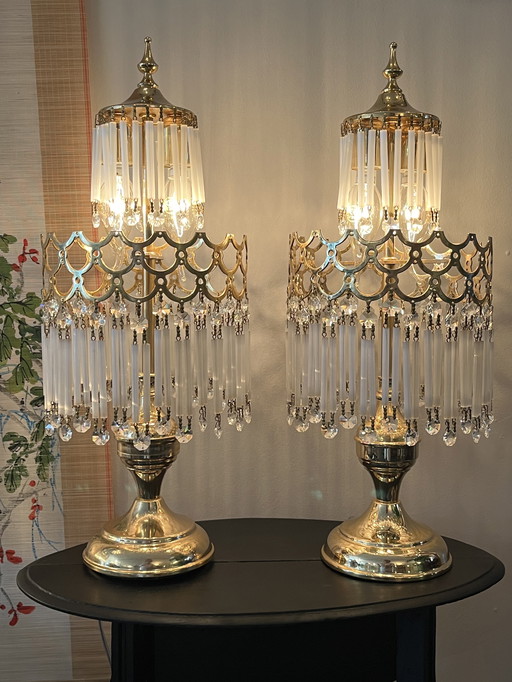 Set Of 2 Vintage Opaline Crystal Table Lamps Italian
