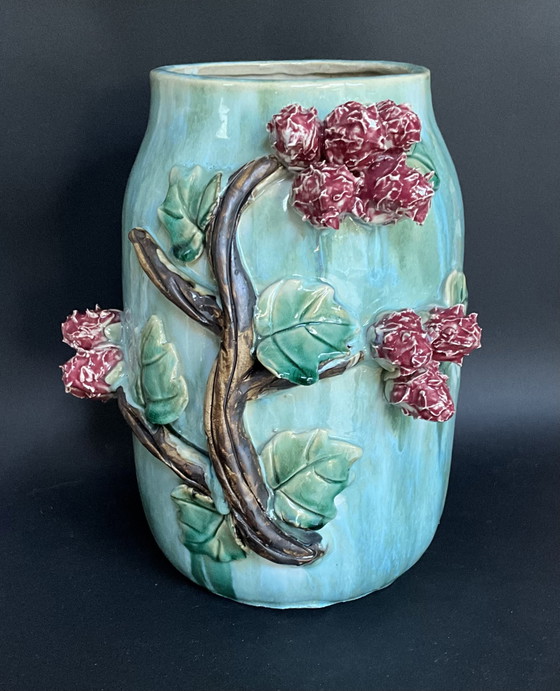 Image 1 of Vase en céramique turquoise à relief floral Athezza