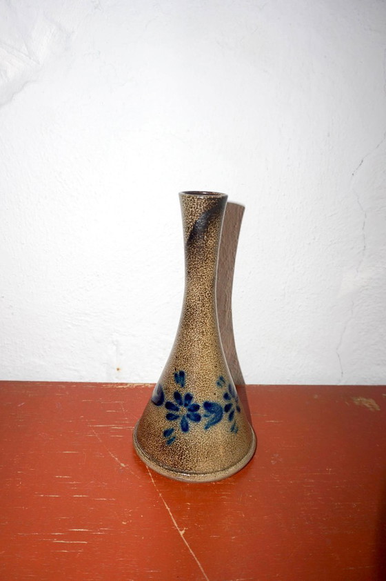 Image 1 of hand-thrown stoneware vase with cobalt blue floral glaze * vintage studio pottery * tall flower vase with narrow neck * ceramic 