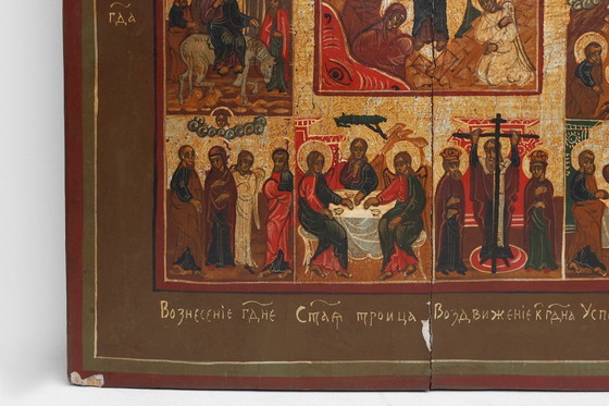 Image 1 of 19th-Century Russian Religious Icon of the Twelve Great Feasts, Hand-Painted on Wood