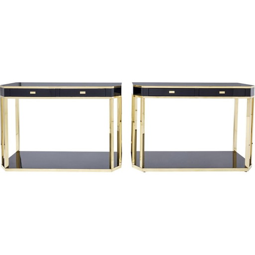 Coppia di consolle vintage in ottone e lacca nera di Jean-Claude Mahey per Maison Romeo, anni '70