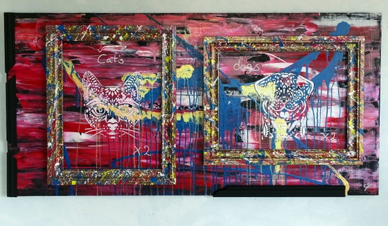 Quadro astratto con motivi di gatti e cani, CB, Dipinti e disegni, Legno, MDF, Rosso, Abstract (foto 2 di 15)