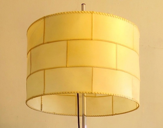 Image 1 of Cocoon vloerlamp met patchwork kap en met leer beklede voet, jaren 60