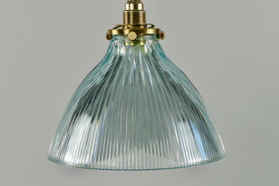 Image 1 of Ribbed ceiling lamp in light blue Holophane glass with brass shade support