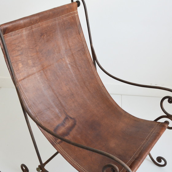 Image 1 of Paire de fauteuils en fer forgé et cuir vintage