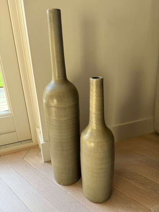 2 vasi decorativi alti e stretti verde oliva a forma di bottiglia