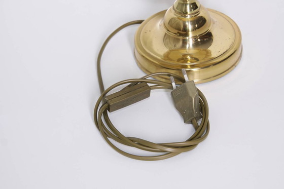 Image 1 of Tafellamp messing kunstleer stof randen franjes 43cm 80s vintage