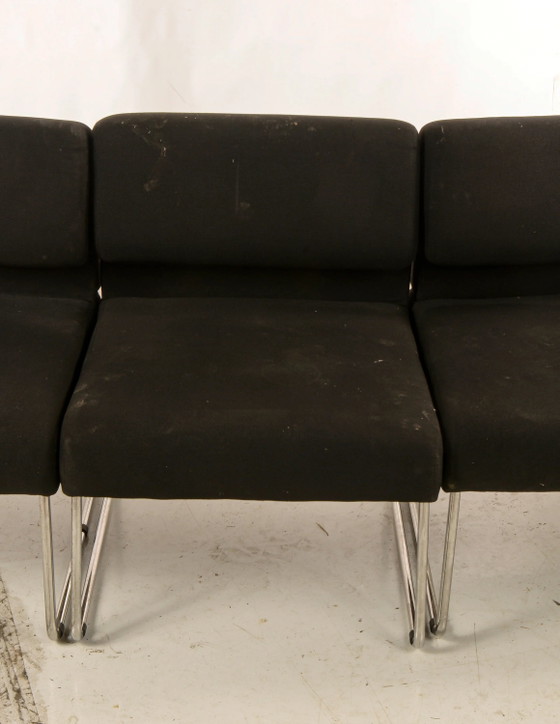 1960s 3-Piece Sofa with Two Curved Sections and One Straight Central Section, Black Fabric and Chrome Steel (photo 4 of 10)