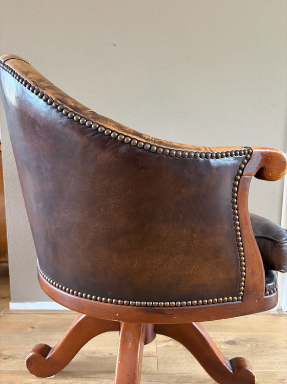 Vintage Antique Leather Chesterfield Swivel Office Chair, Swivel chairs, Metal, Brown (photo 7 of 9)