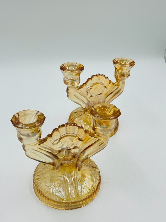 Image 1 of Ein Paar Empoli-Kerzenständer aus bernsteinfarbenem Glas im Art-Deco-Stil