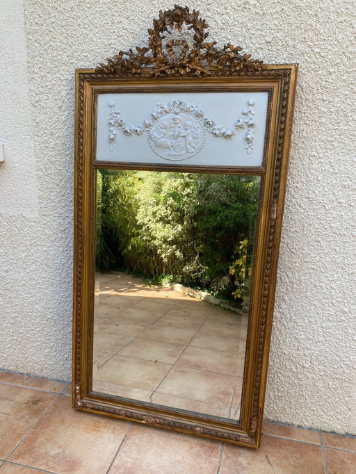 Trumeau-Spiegel XIX. Jahrhundert im Stil Louis XVI. aus mit Blattgold vergoldetem Holz, 74x150cm