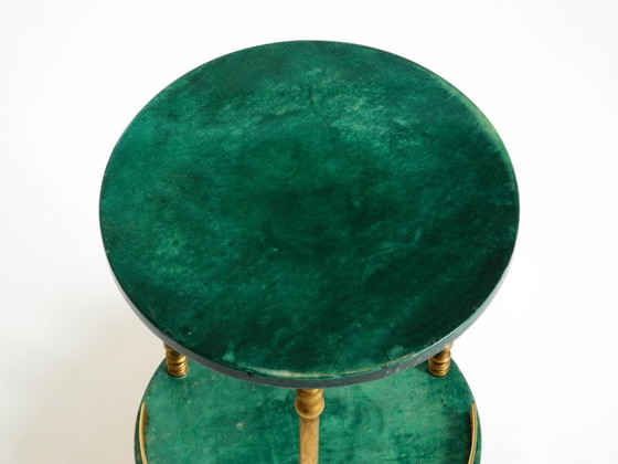 Image 1 of Round, small 1960s Aldo Tura serving or bar trolley in green goatskin leather | Made in Italy