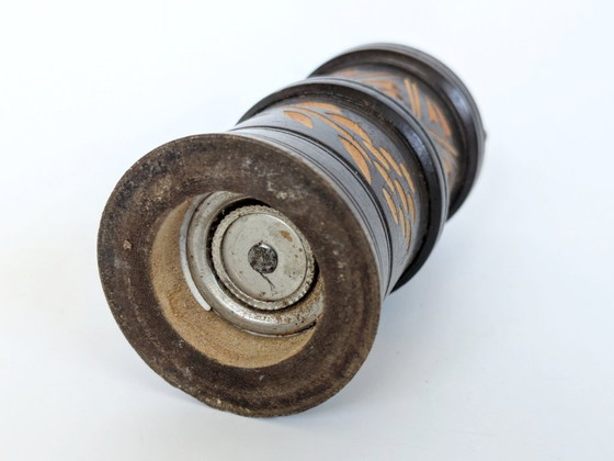 Image 1 of Vintage Folk Art Carved Wooden Pepper Mill Brass Hand Crank Mediterranean Rustic