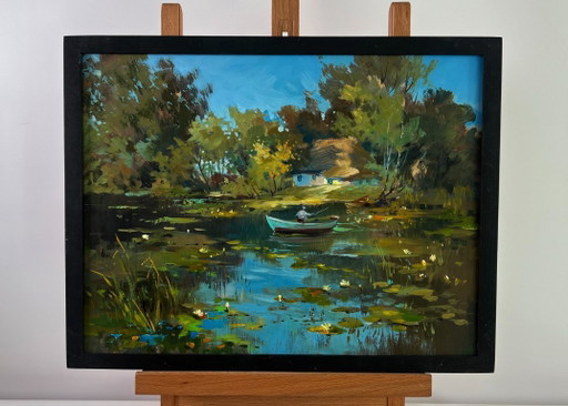 Original Oil Painting Summer River Landscape Quiet fishing