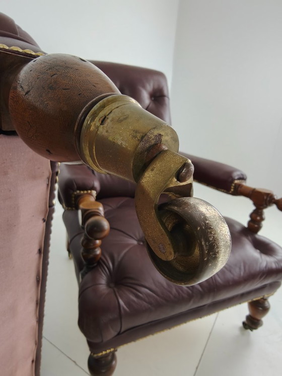 Pair of Antique Library Chairs - Original William Morris & Co Edinburgh Stamped Armchairs – Leather (photo 12 of 18)