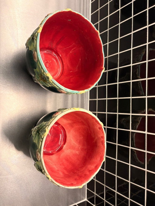 Coppia di cachepot in maiolica stile liberty, epoca 1900 circa