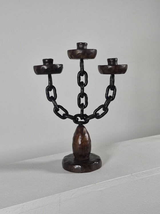 Candeliere vintage in stile brutalista spagnolo a tre fiamme con decorazione a catena. – Portacandele, Metal (photo 7 of 13)